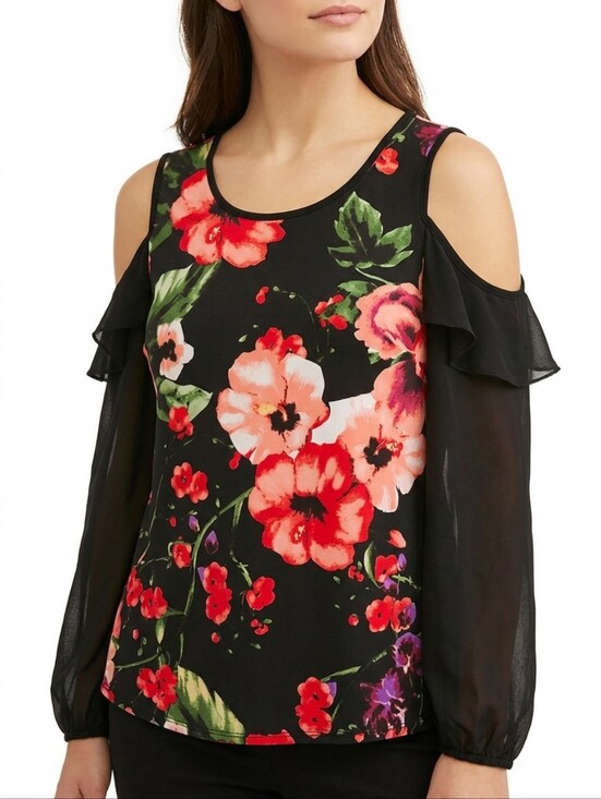 Laura Tops - Laura sz L Cold-Shoulder Floral Blouse - Black with Red Floral Long Sleeves
